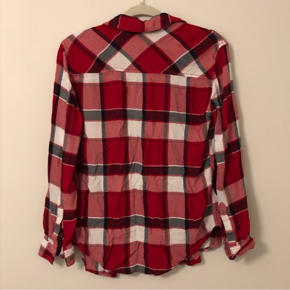 Garage Red Plaid Boyfriend Flannel Button Up Long Sleeve Shirt - Picture 4 of 5